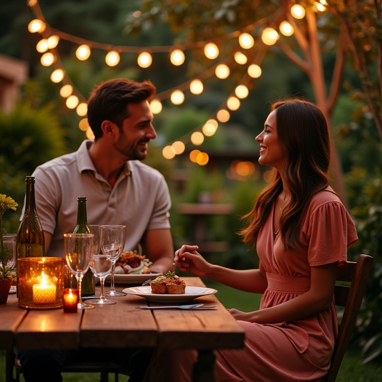 Almoço de noivado ao ar livre em um jardim charmoso.