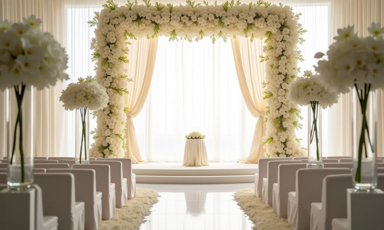 Altar de casamento romântico decorado com orquídeas brancas.