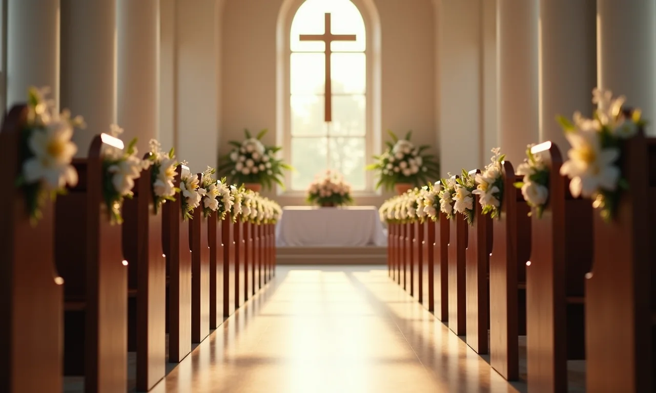 Altar decorado de igreja, simbolizando a cerimônia de casamento.