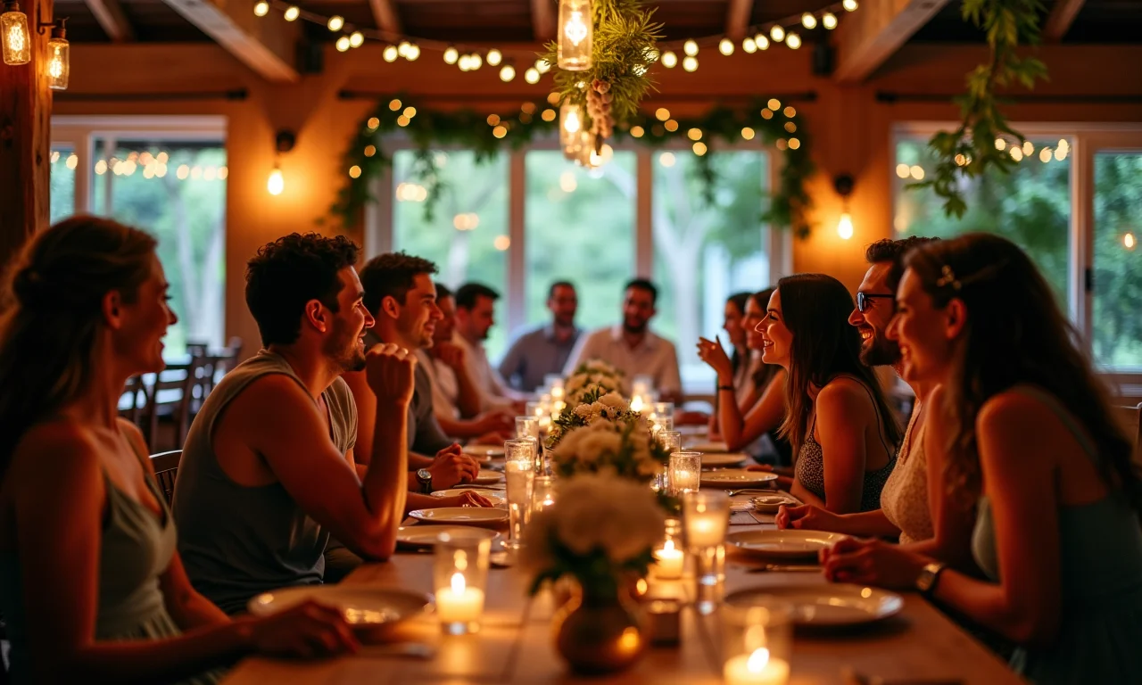 Ambiente aconchegante de casamento em restaurante decorado com flores.