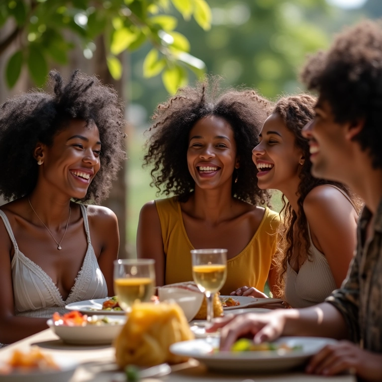 Amigos diversos celebrando em almoço de noivado.
