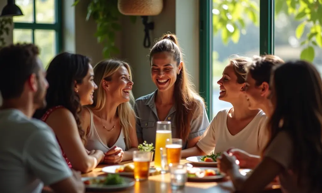 Amigos rindo juntos em café brasileiro.