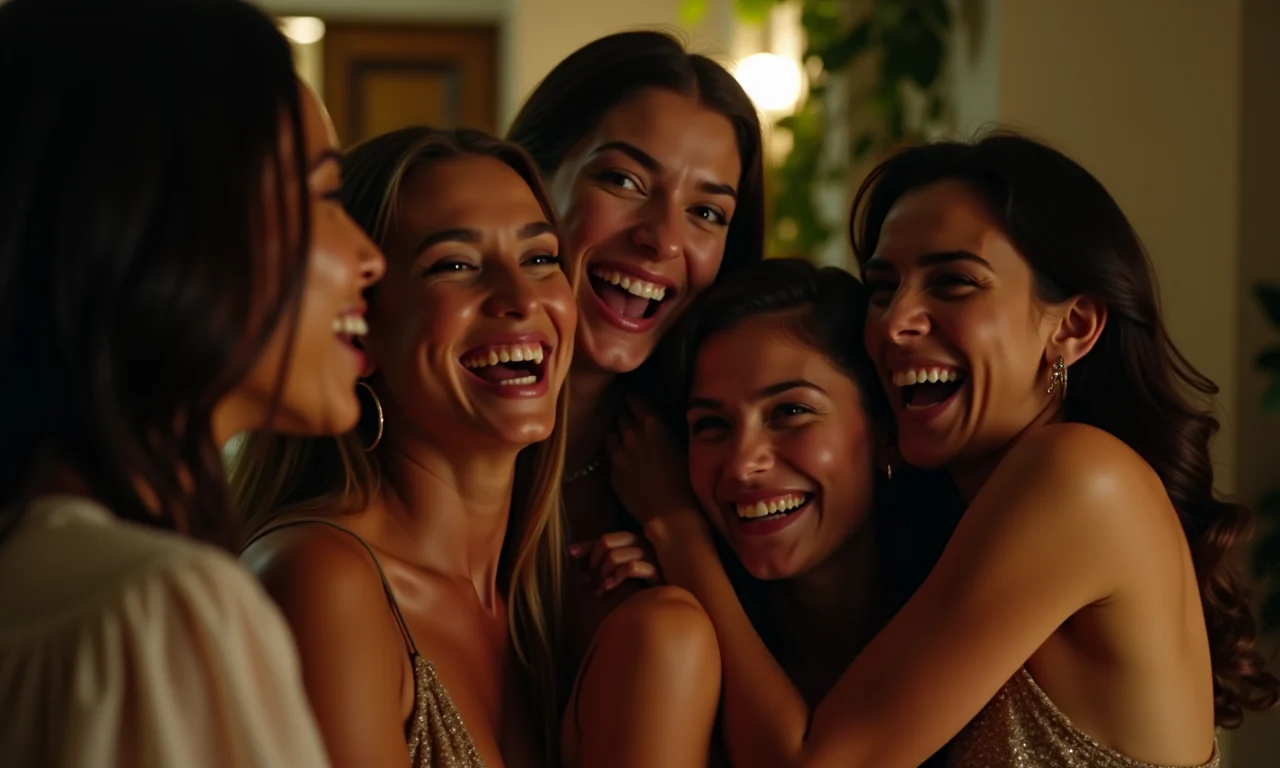 Amigos se abraçando em festa.