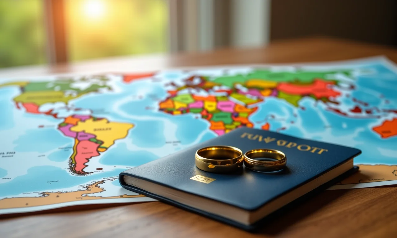 Anéis de casamento e passaporte sobre mapa mundial.