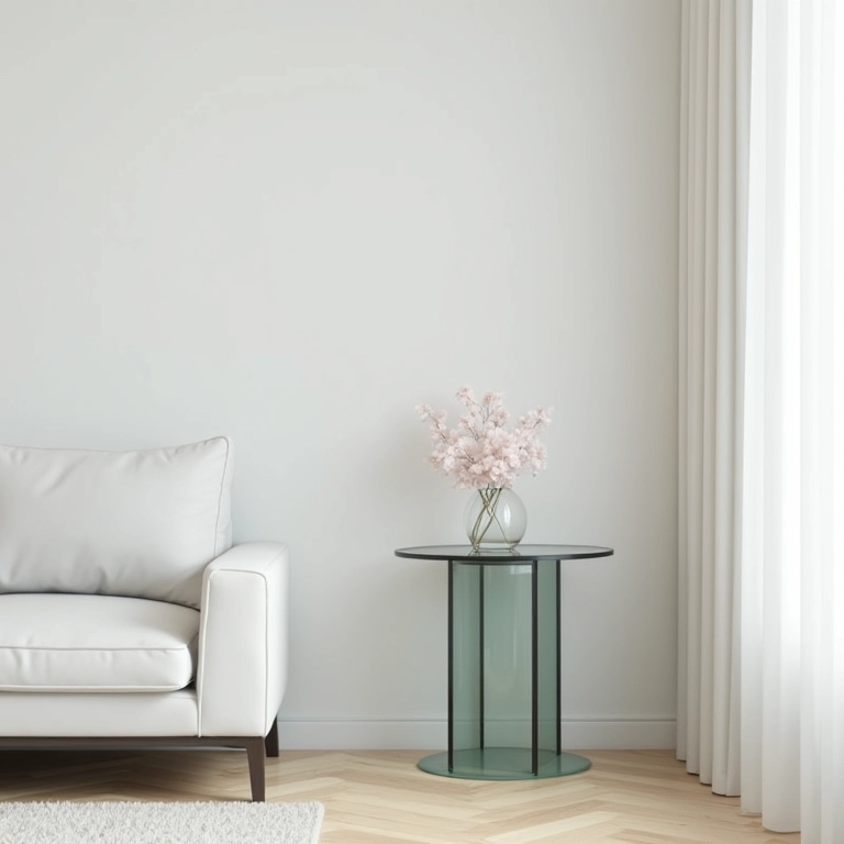 Apartamento moderno com mesa lateral de vidro e sofá branco.
