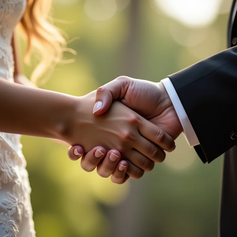 Aperto de mãos entre uma noiva e uma celebrante de casamento