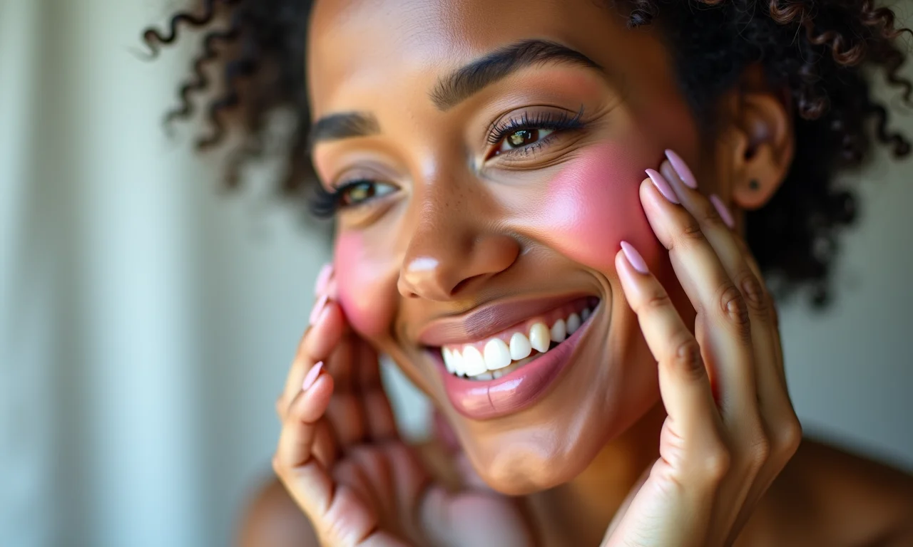 Aplicação de blush para um toque de saúde.