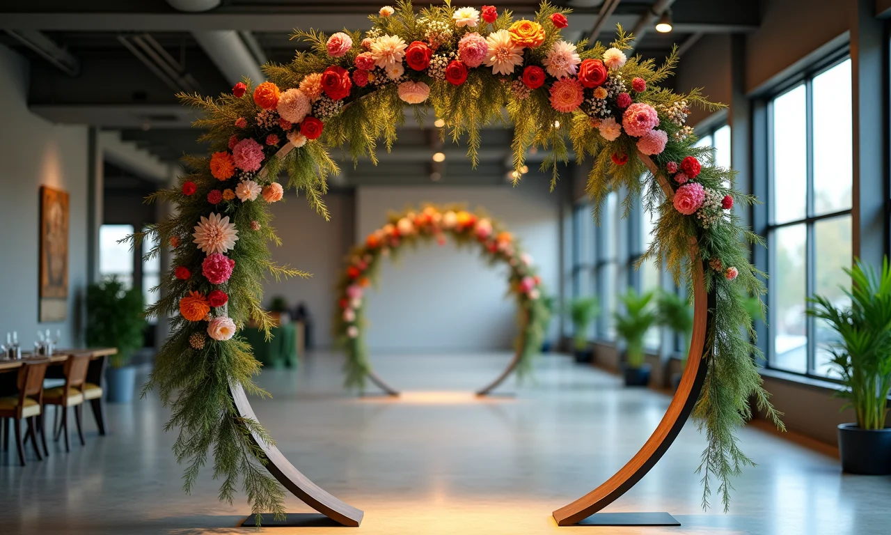 Arranjo circular com estrutura metálica e flores pendentes.