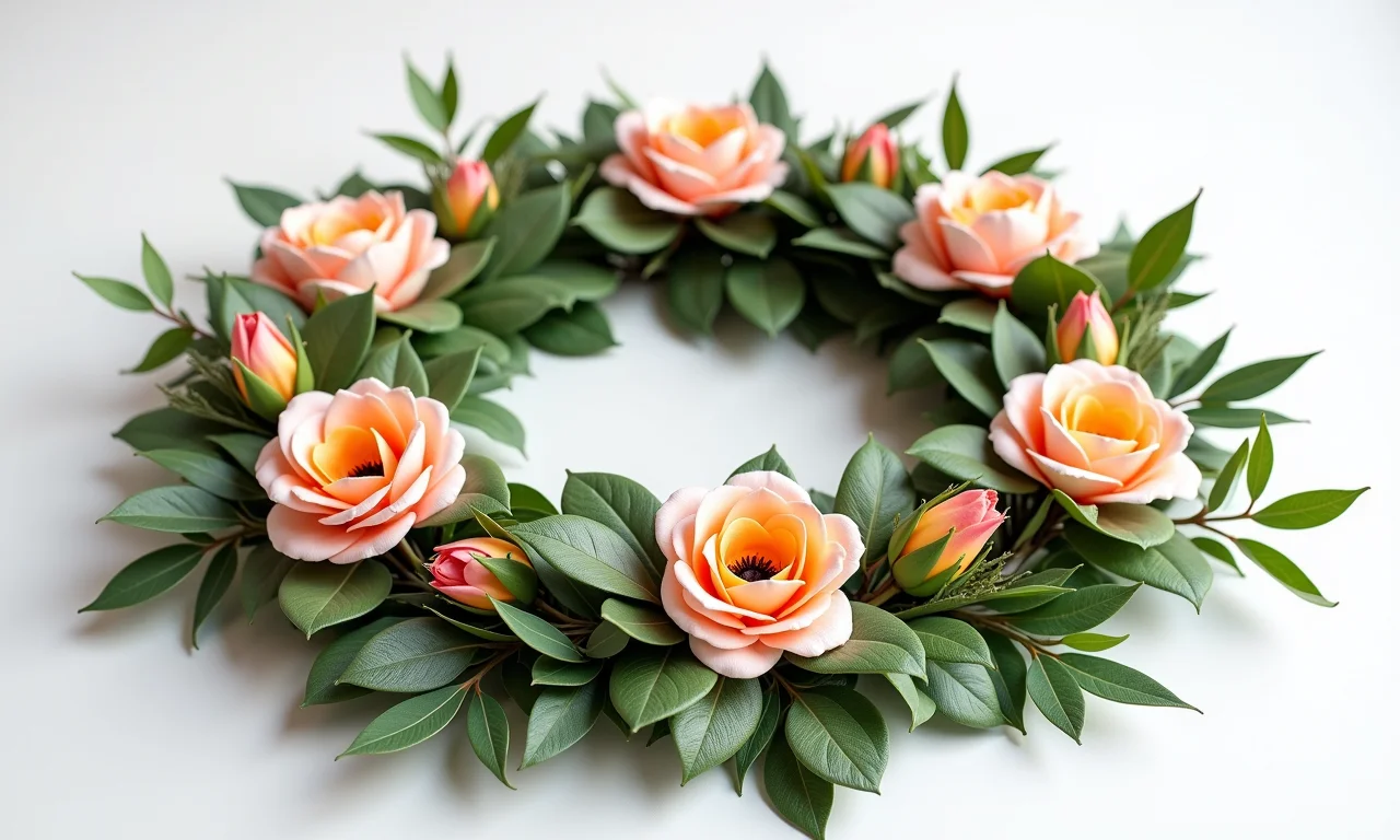 Arranjo circular com folhagens artificiais.