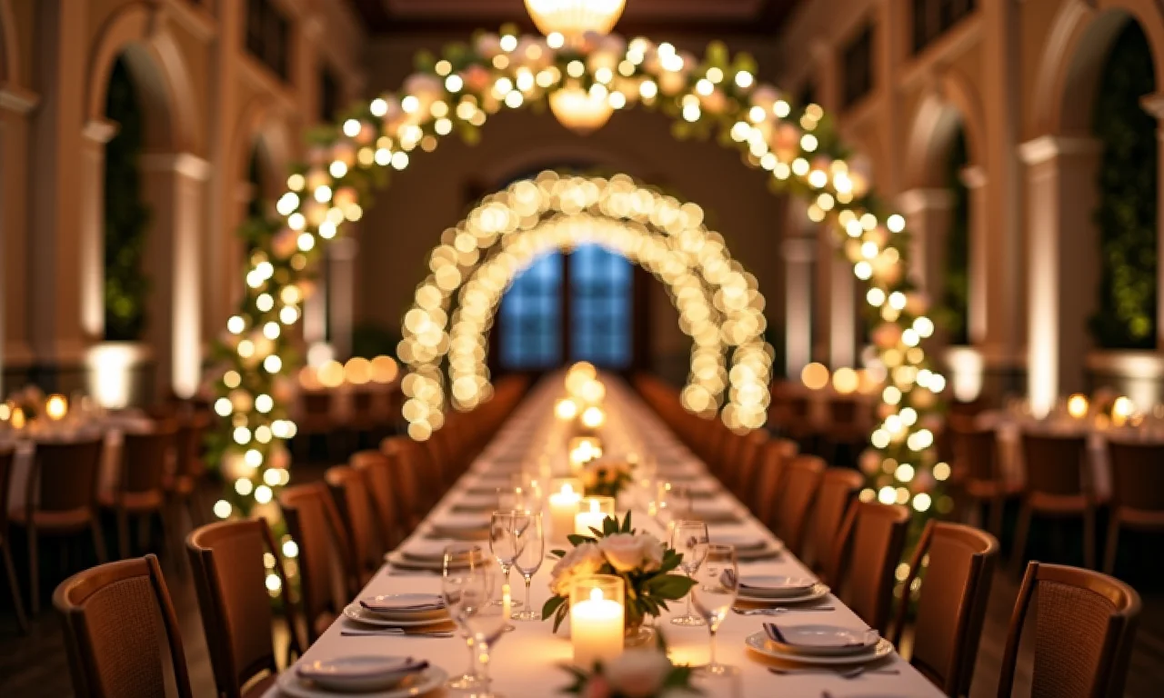 Arranjo circular com gipsófilas e luzes.