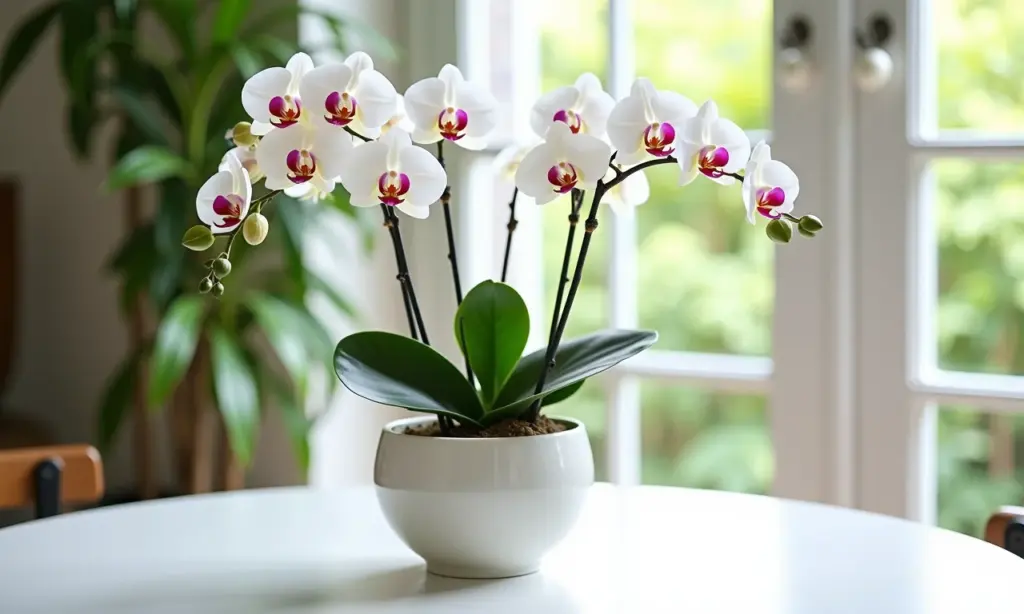 Arranjo de orquídeas sofisticado em mesa branca com decoração brasileira.