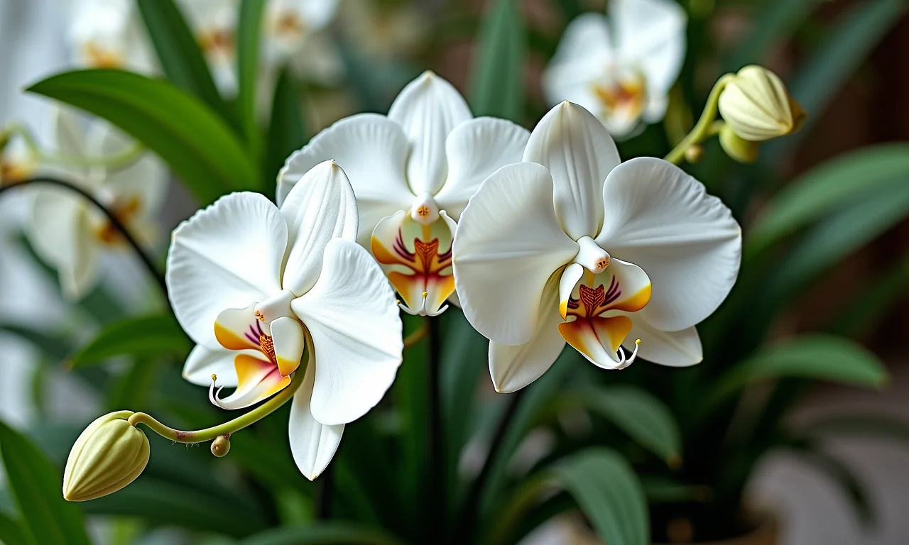 Arranjo floral aéreo de orquídeas brancas e folhagens verdes.