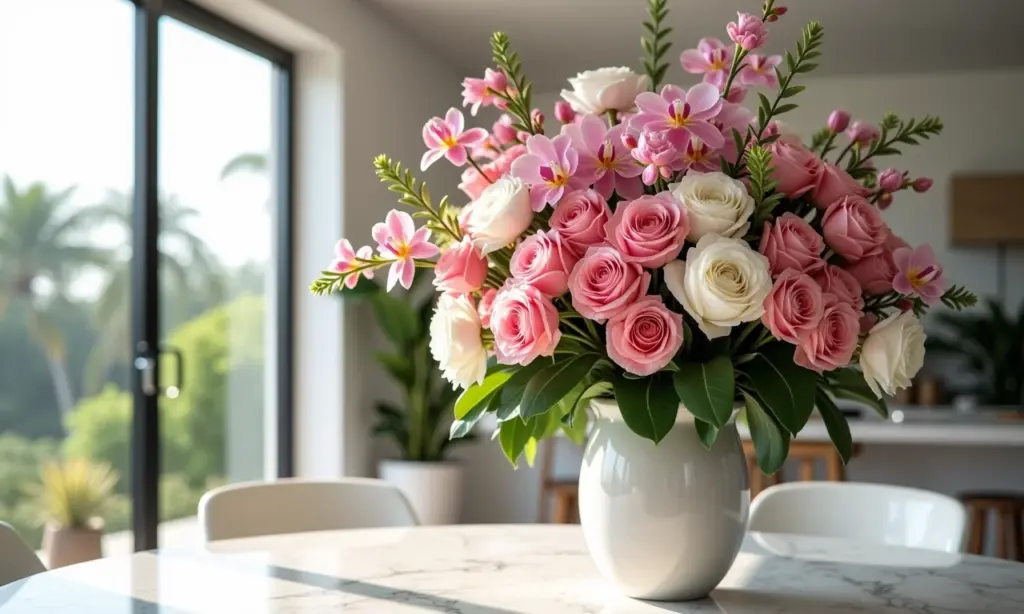 Arranjo floral alto com rosas e orquídeas.