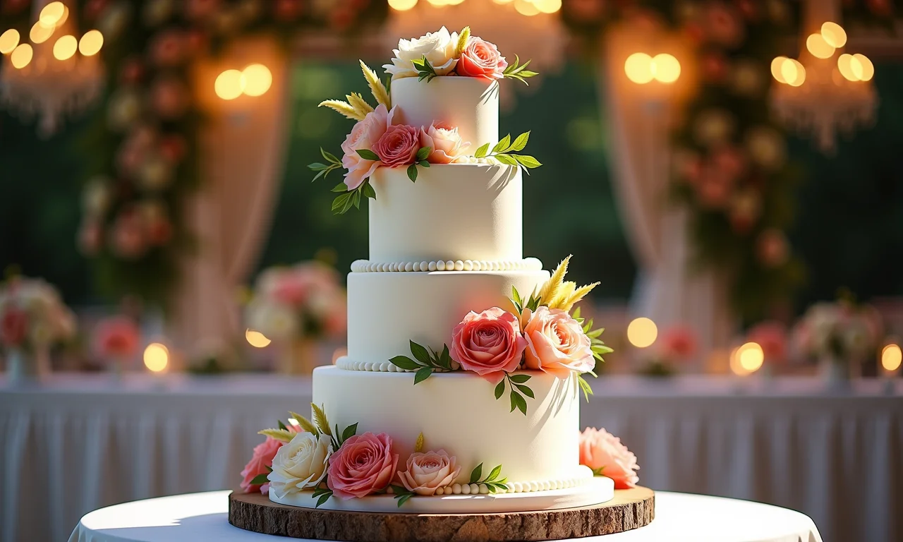 Arranjo floral alto decorando a mesa do bolo.