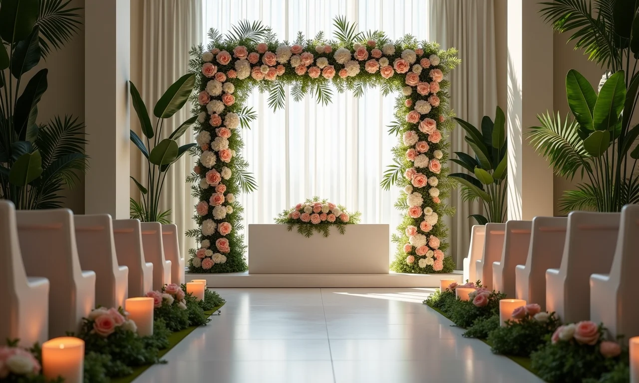 Arranjo floral alto no altar da cerimônia.