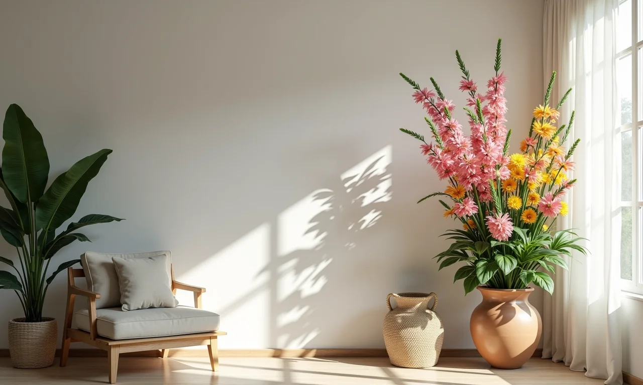 Arranjo floral alto preenchendo espaço vertical.