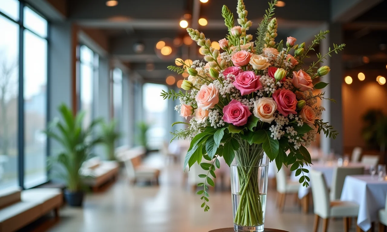 Arranjo floral alto visível em evento.