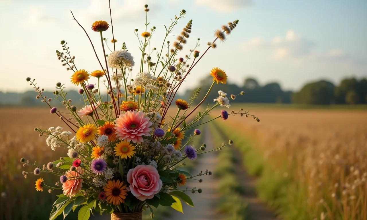 Arranjo floral campestre com flores do campo.
