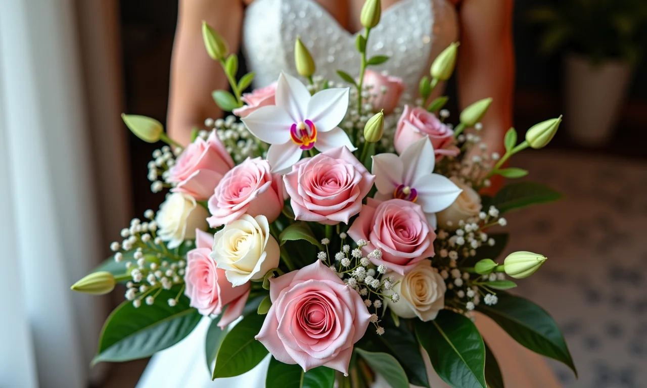 Arranjo floral clássico com rosas e orquídeas.