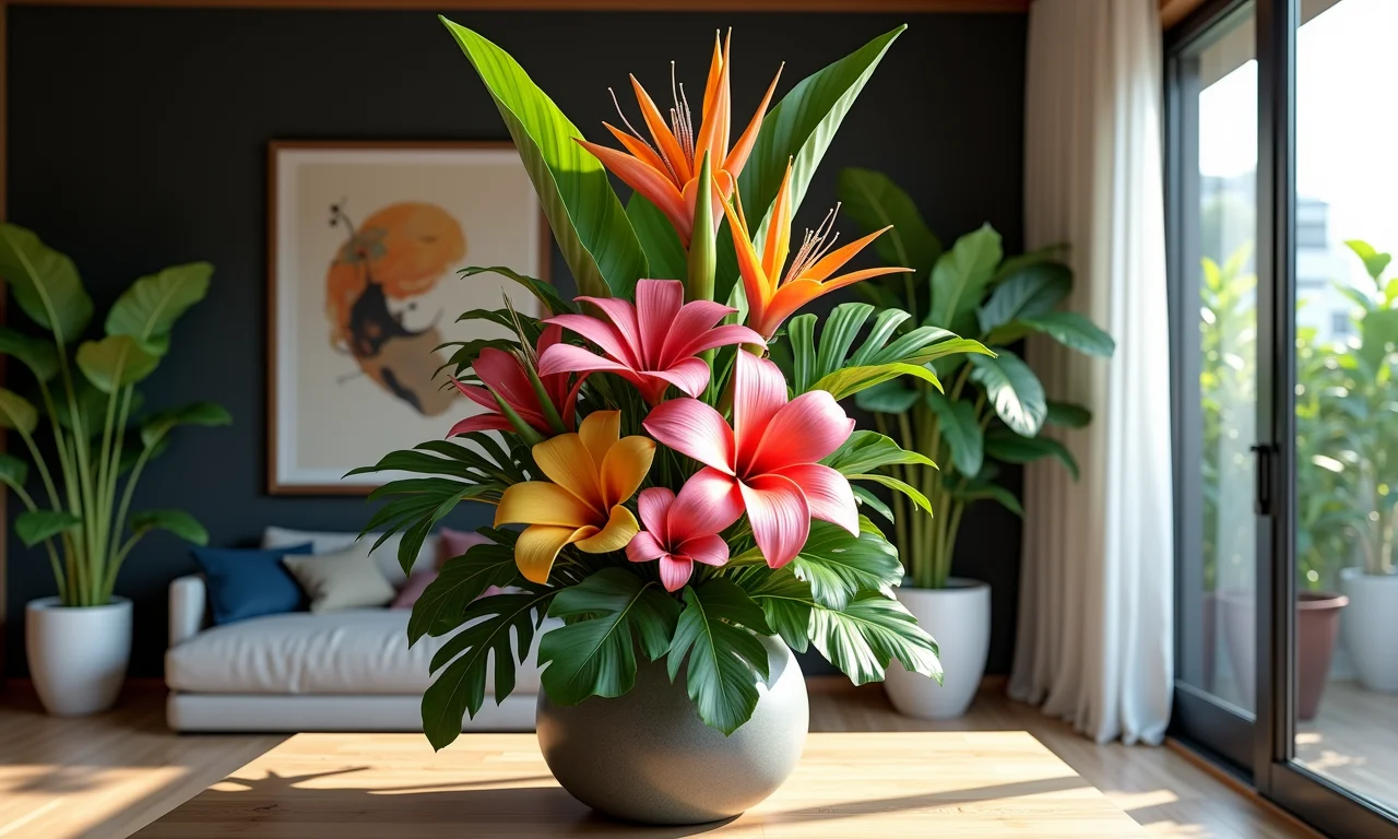 Arranjo floral moderno com folhagens exóticas.