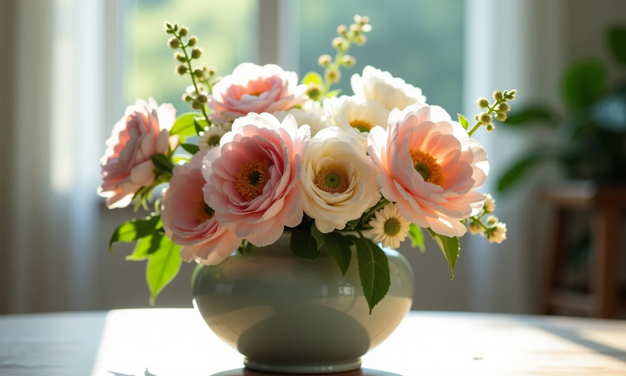 Arranjo floral vintage com flores em tons pastel em vaso antigo.