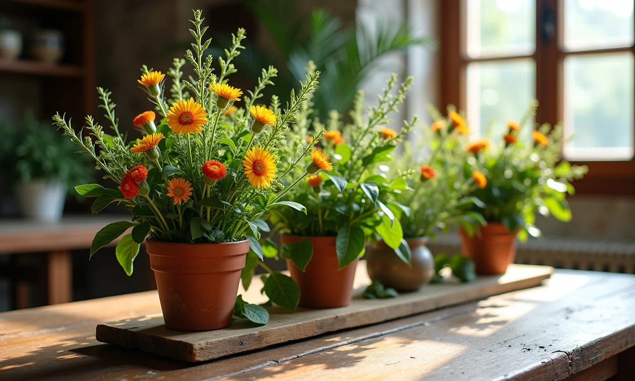 Arranjos de centro de mesa com ervas aromáticas e flores.