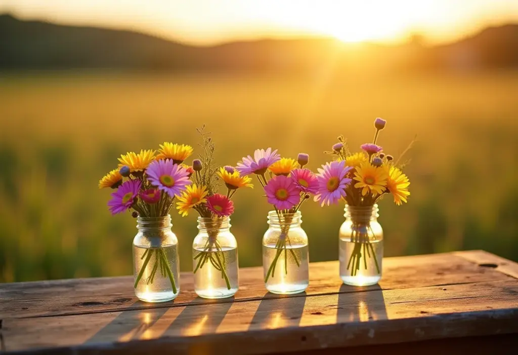 Arranjos florais rústicos para casamento no campo