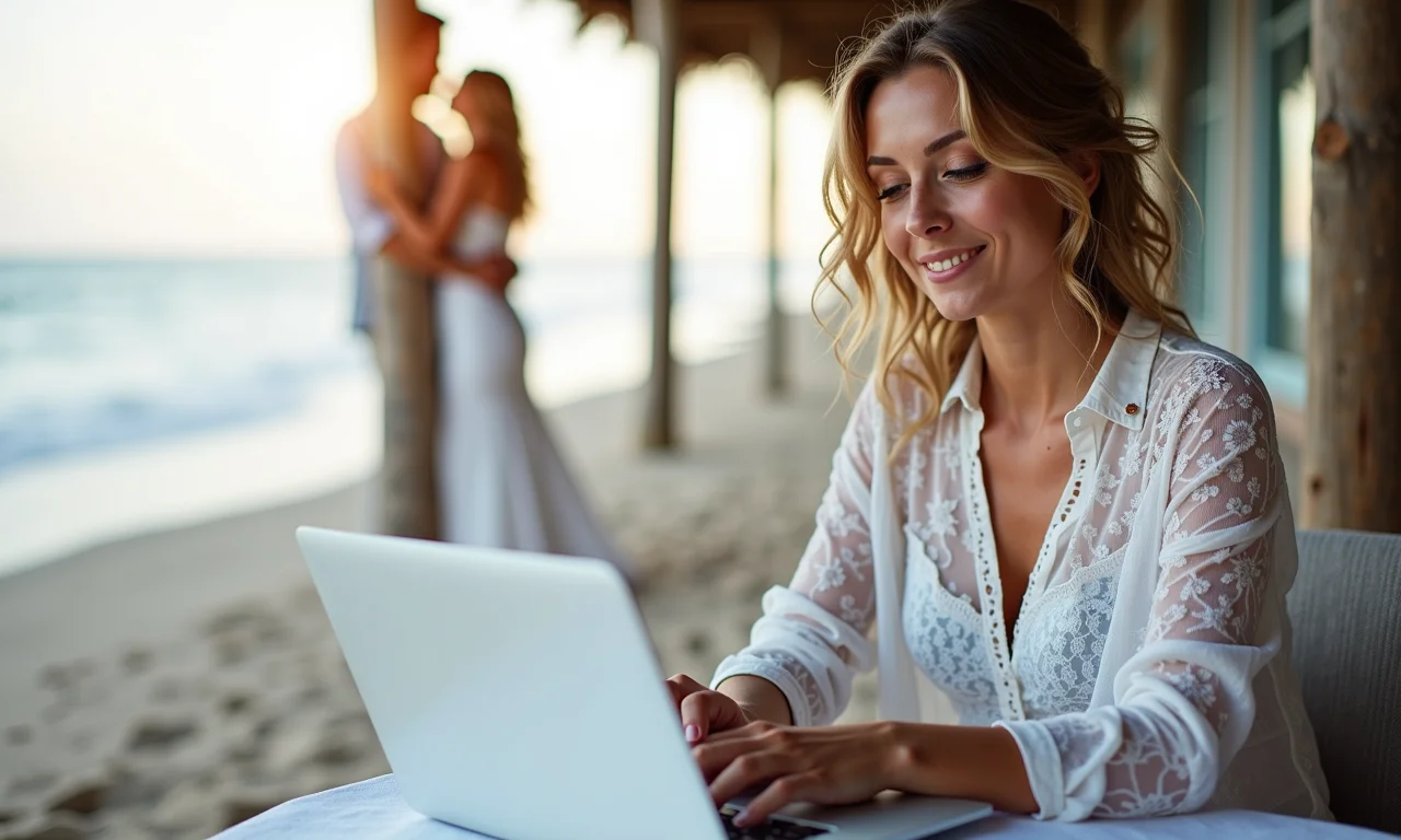 Autora dando dicas para um casamento na praia, laptop com notas manuscritas.