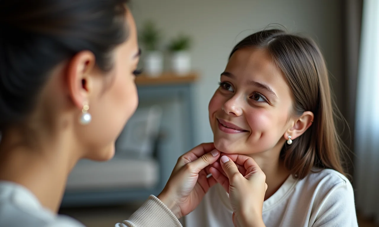 Avó passando brincos de pérola para neta, conexão familiar.