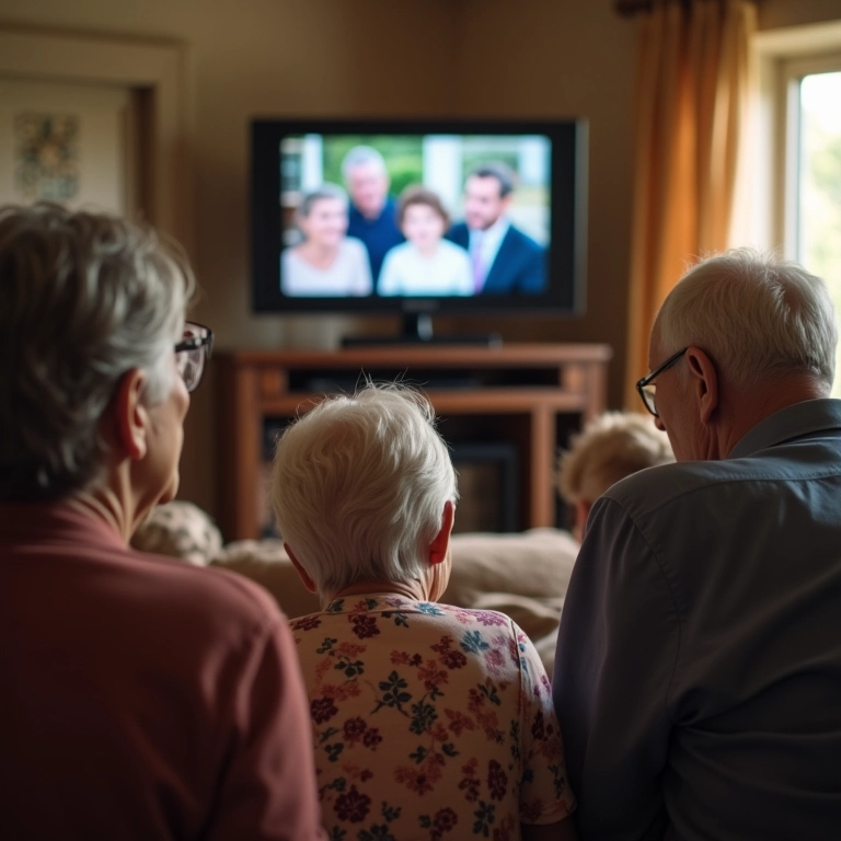 Avós assistindo cerimônia de casamento por videochamada, cercados pela família.