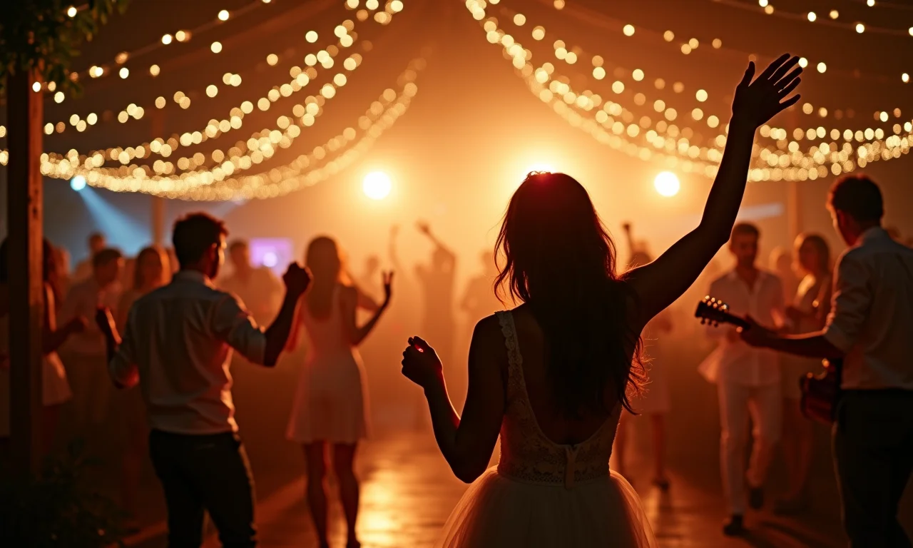 Banda animada tocando em recepção de casamento com decoração colorida.