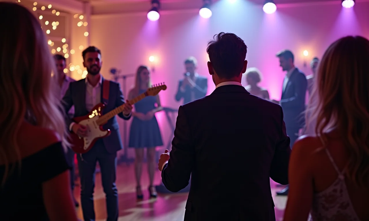 Banda de casamento tocando música ao vivo em festa.