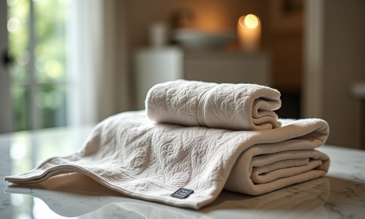 Banheiro luxuoso com toalhas jacquard Atlântica dispostas de forma elegante.