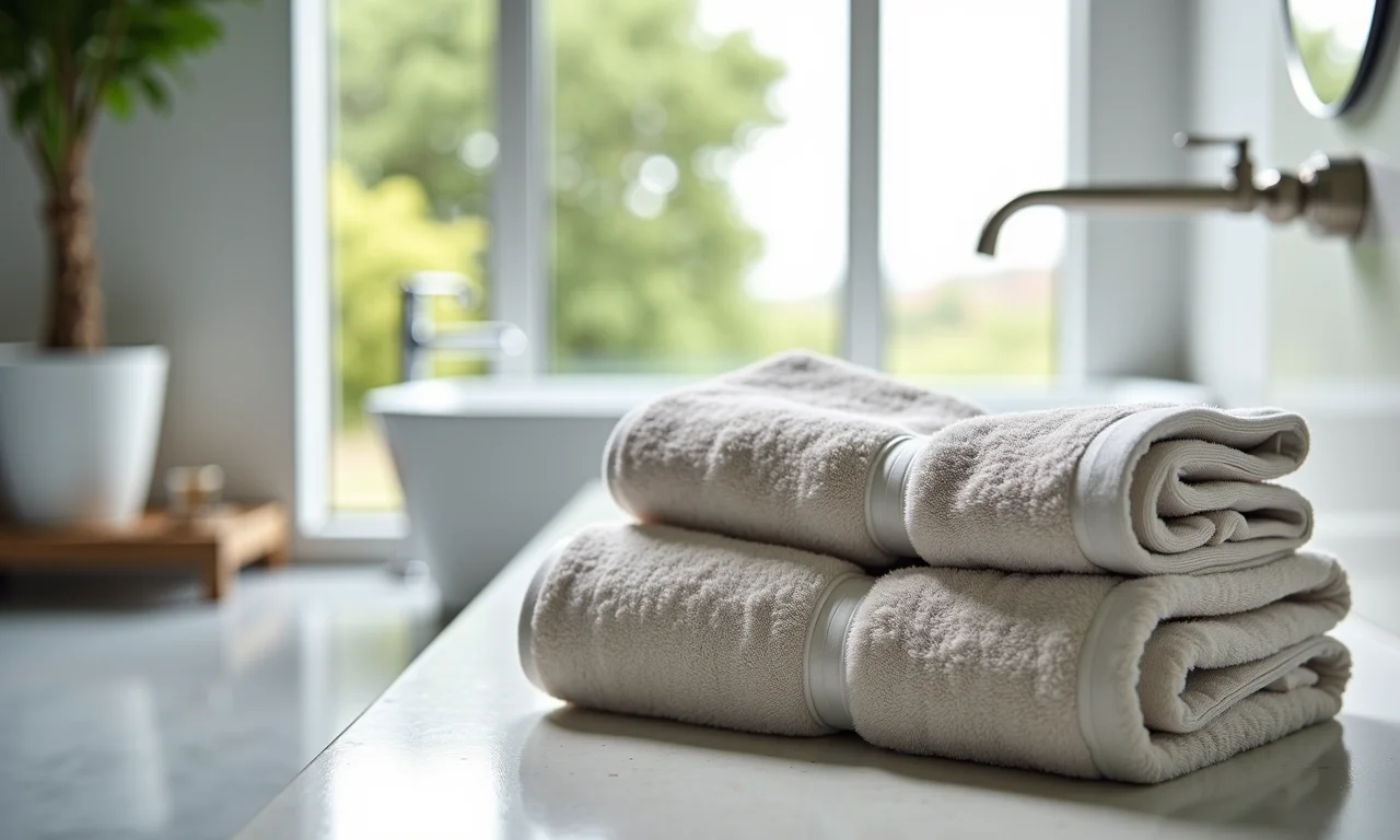 Banheiro moderno com toalhas jacquard Karsten, destacando textura e design.