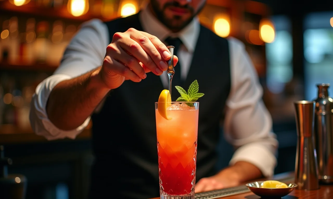 Bartender criando um drink personalizado com ingredientes únicos.