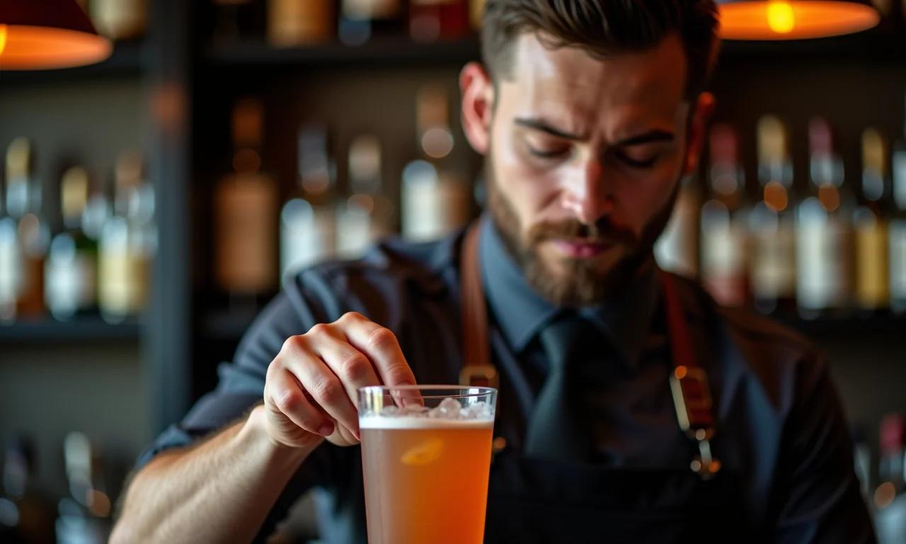 Bartender experiente preparando um drink com profissionalismo.