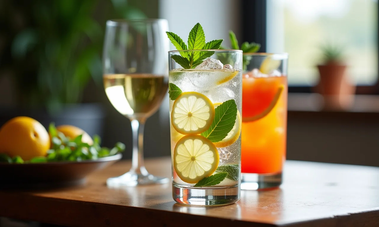 Bebidas harmonizando com a refeição vegetariana: água com gás, vinho branco e suco de frutas.
