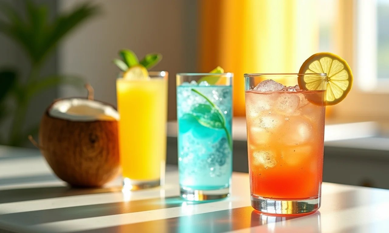 Bebidas hidratantes para recuperação da ressaca: água de coco, isotônico, água com gás e limão.