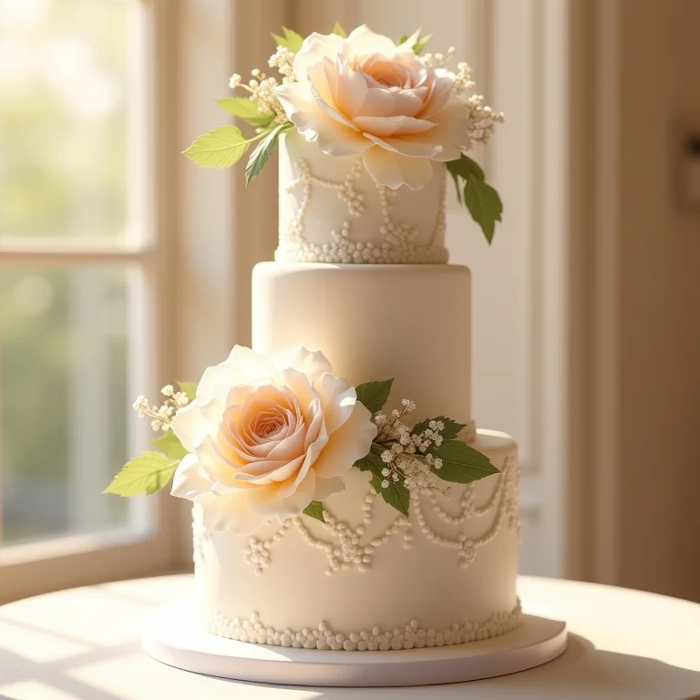 Bolo de casamento com destaque para o arranjo floral central.
