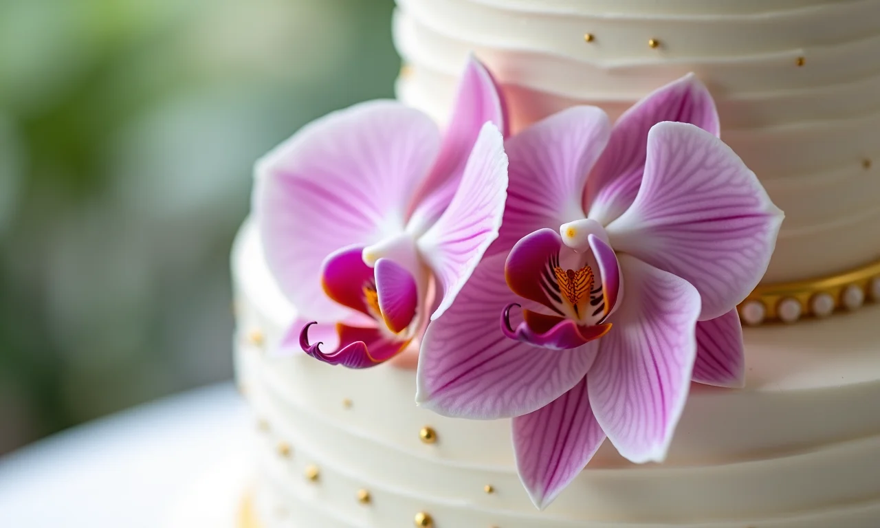 Bolo de casamento decorado com orquídeas.
