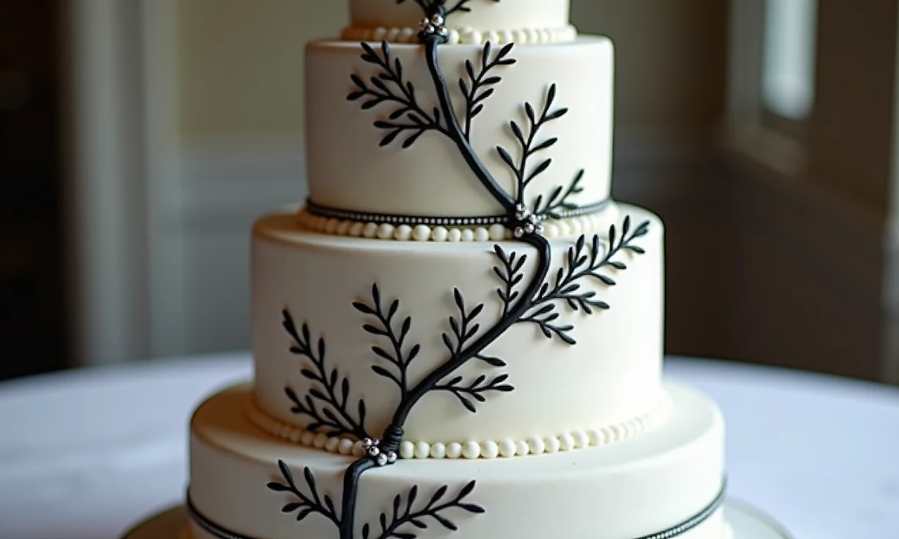 Bolo de casamento elegante em preto e branco com detalhes florais delicados e padrões geométricos.