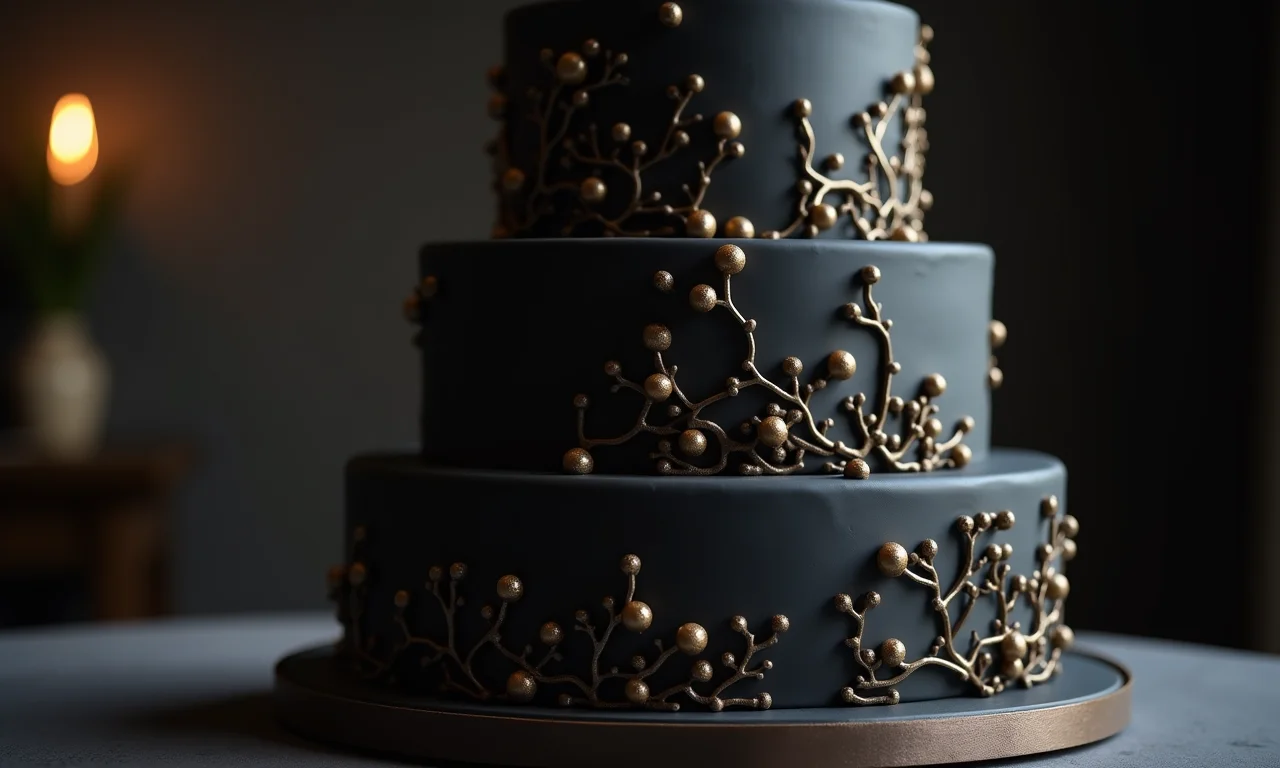 Bolo de casamento preto com design geométrico e detalhes dourados.