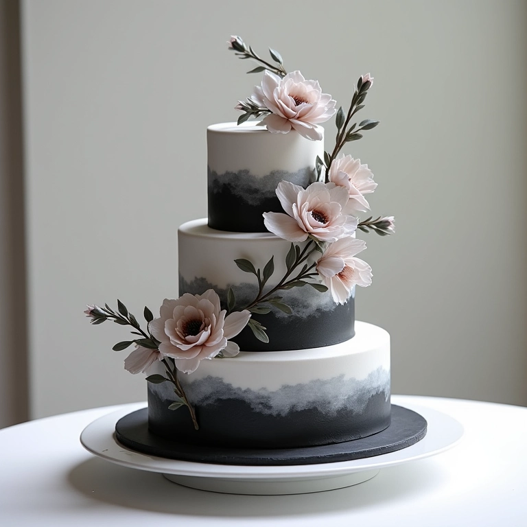 Bolo de casamento preto e branco com design moderno.