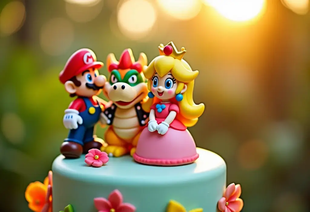 Bolo de casamento temático do Super Mario decorado com personagens em fondant.