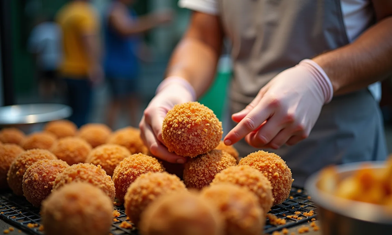 Brigadeiro quente feito na hora por vendedor de rua no Brasil.