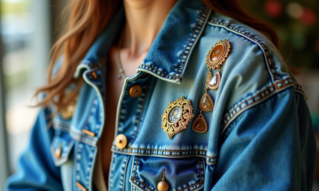 Broches antigos reaproveitados em jaqueta jeans, moda sustentável.