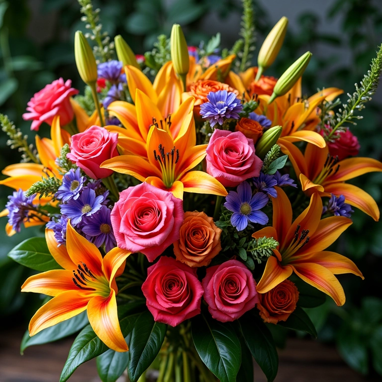 Buquê Colorido: Alegria e Personalidade Buquê colorido vibrante com rosas, lírios e flores silvestres.