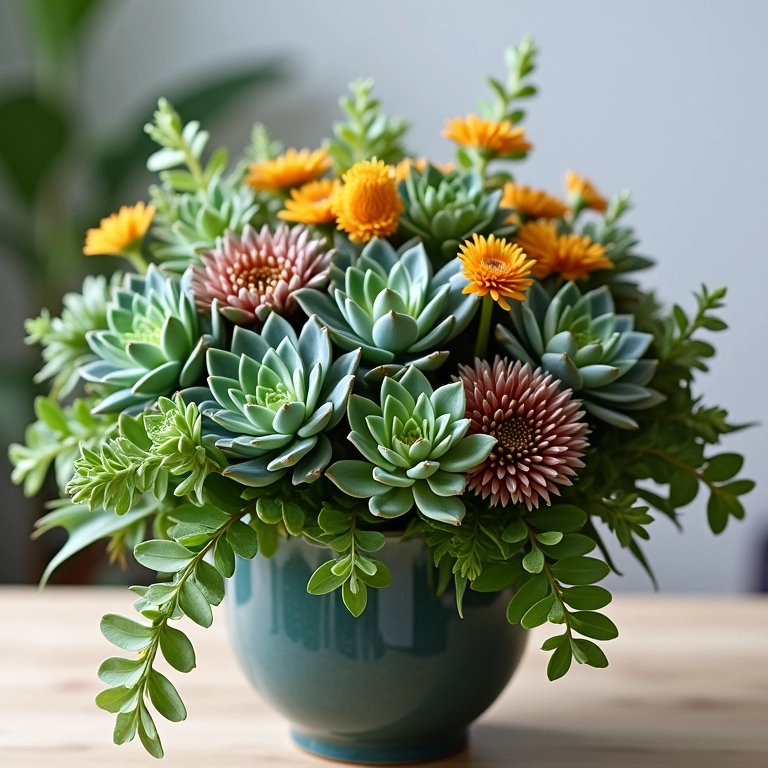 Buquê com suculentas e flores.