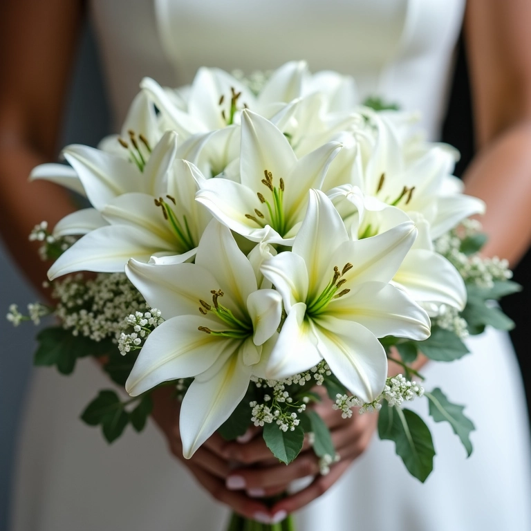 Buquê de noiva redondo com lírios brancos e folhagens delicadas.