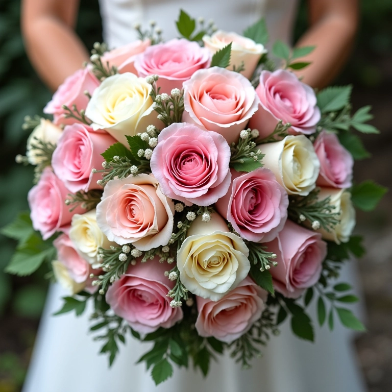 Buquê de noiva redondo com rosas em tons de rosa e branco.